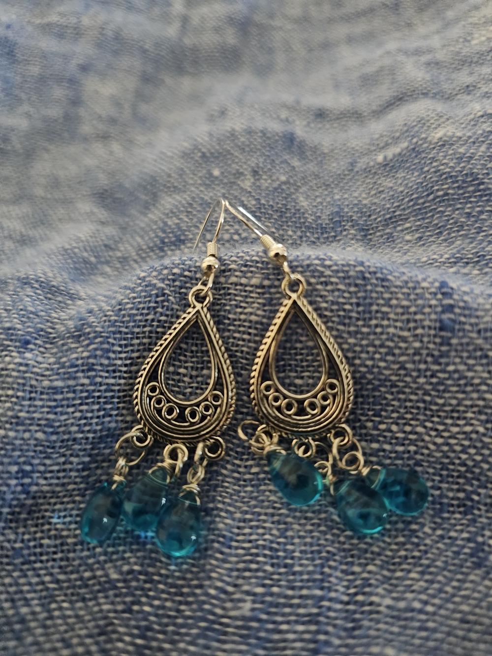 Handmade Chandelier Earrings with Blue Crystal Drops Sterling Backs